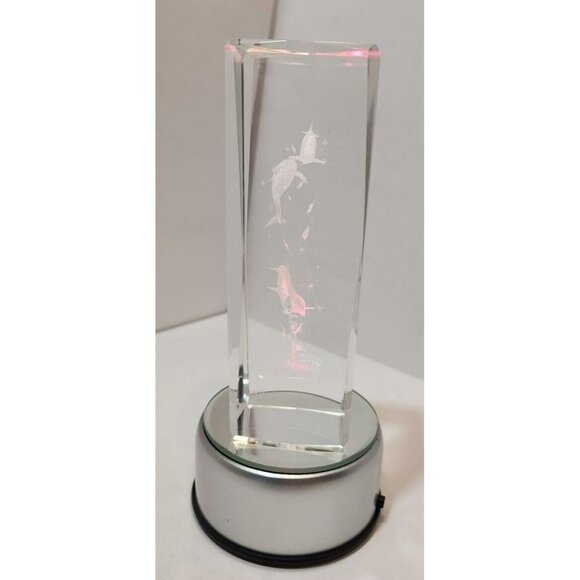 3D Laser Etched Dolphins Crystal Paperweight w/Lighting Base - Picture 5 of 16